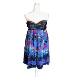 STEVE MADDEN Vibrant Peacock Print Strapless Dress Size M